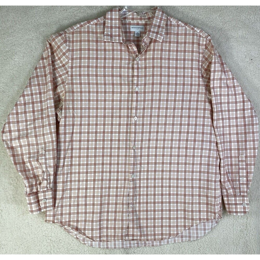 Banana Republic Shirt Mens Sz XXL Orange Plaid Cotton Button Up Long Sleeve 2XL